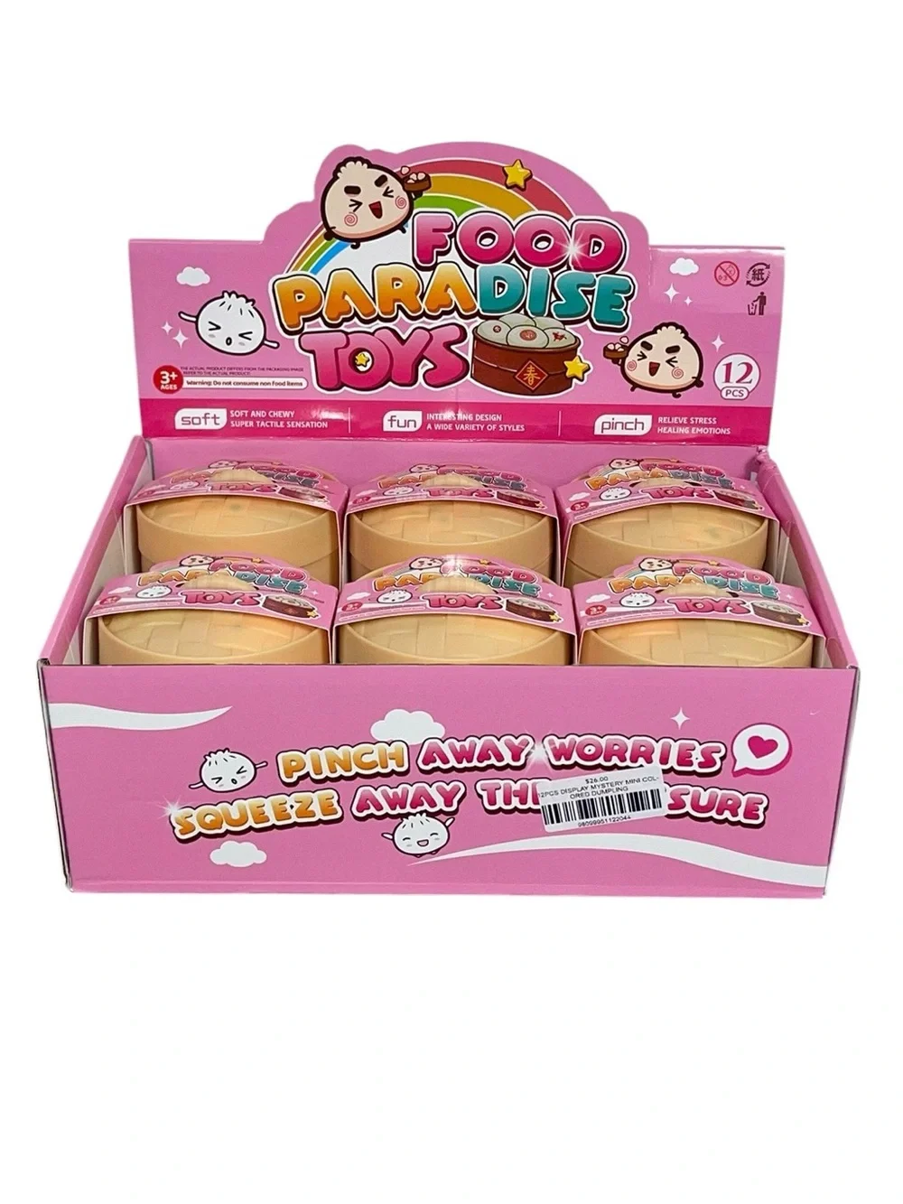 Kawaii Squeeze Toy Trio in Bamboo Steamer - Pink, Green, White